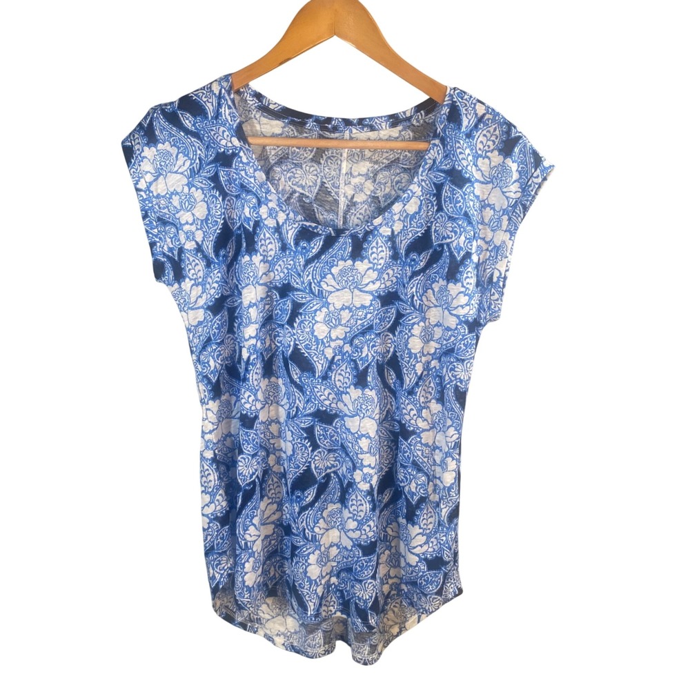 LOFT Linen T-Shirt Women Small Floral Cap Sleeve Coastal  Boho Shabby Cottage